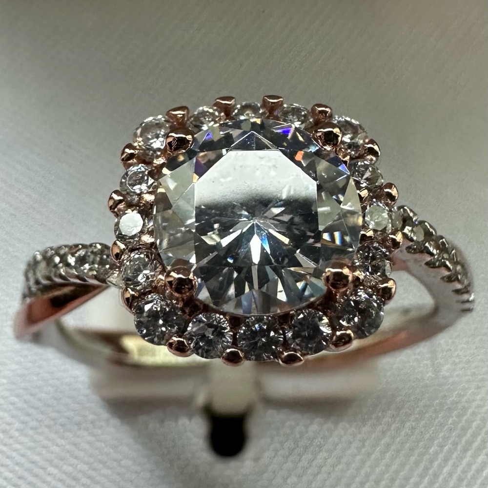 Rose Gold Halo Engagement Ring with Clear Center Stone